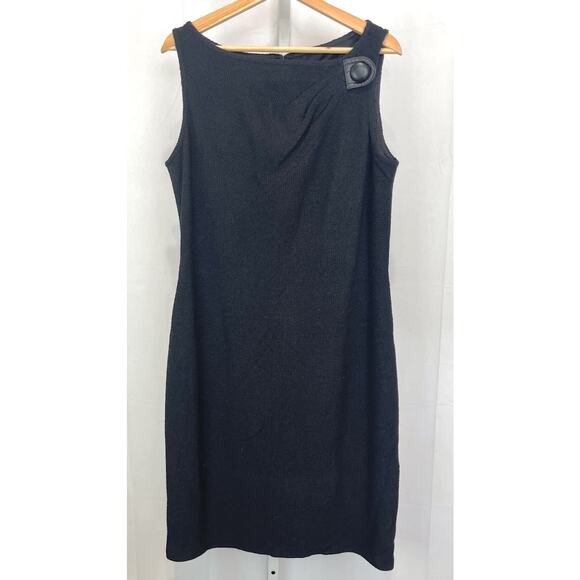 NWT ST. JOHN Caviar Sheath Dress Pleat Button Textured Knit LBD Black Size 12